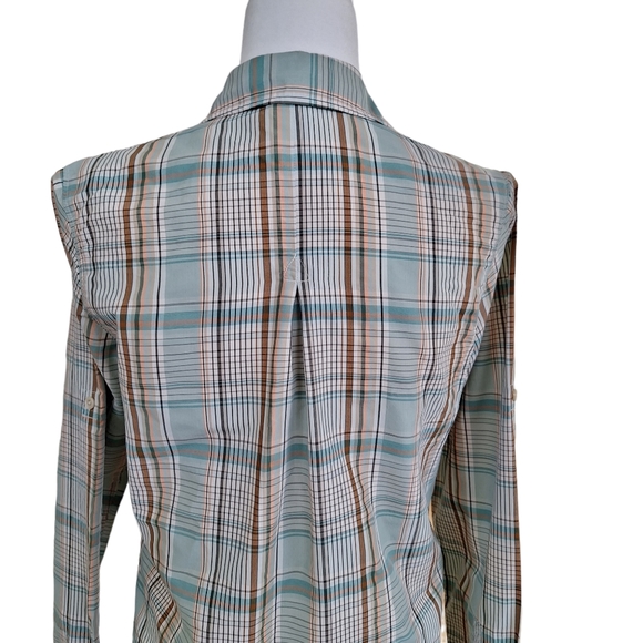 Patagonia Aqua and Tan Plaid Pattern Hiking Convertible Roll Up Sleeve Shirt 10 - Picture 7 of 9